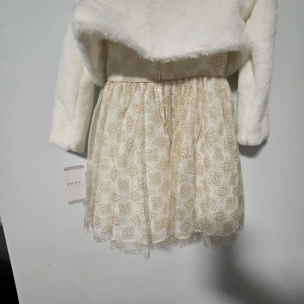 Girls' Size 4/5 Rare Editions Ivory and Gold Dress And Faux Fur Jacket Set